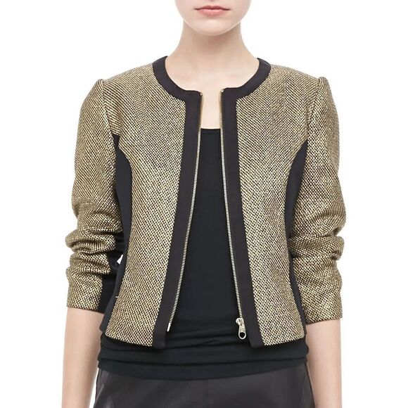 NEW TED BAKER women’s gold sparkle boucle dressy blazer jacket zip size 2 - Picture 1 of 17